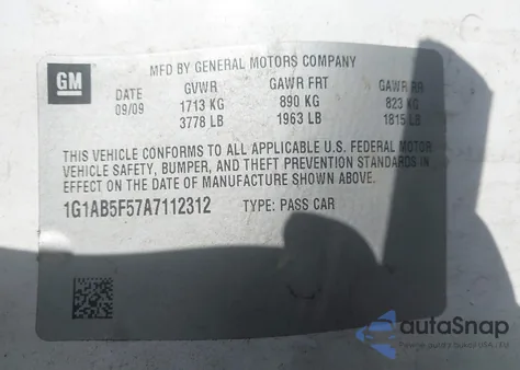 2010 Chevrolet Cobalt Ls из США, поврежденный, VIN 1G1AB5F57A7112312